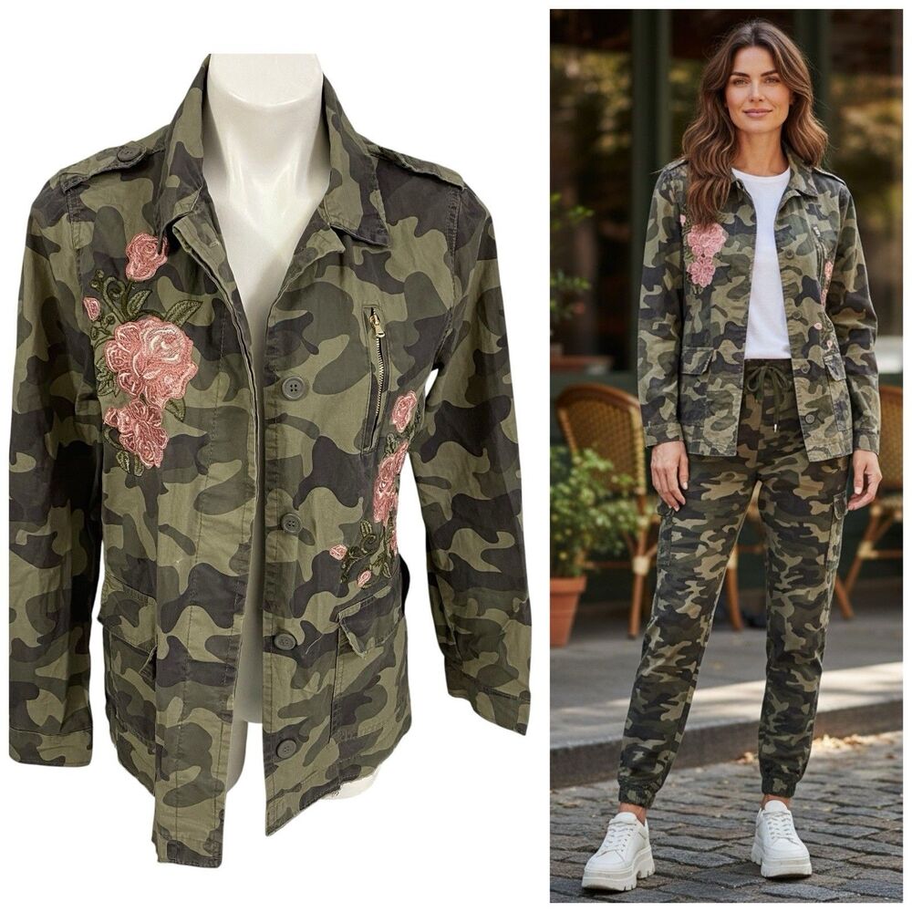 Ashley Utility Jacket Womens Sz S Cargo Embroidered Pink Rose Floral Camo Grunge